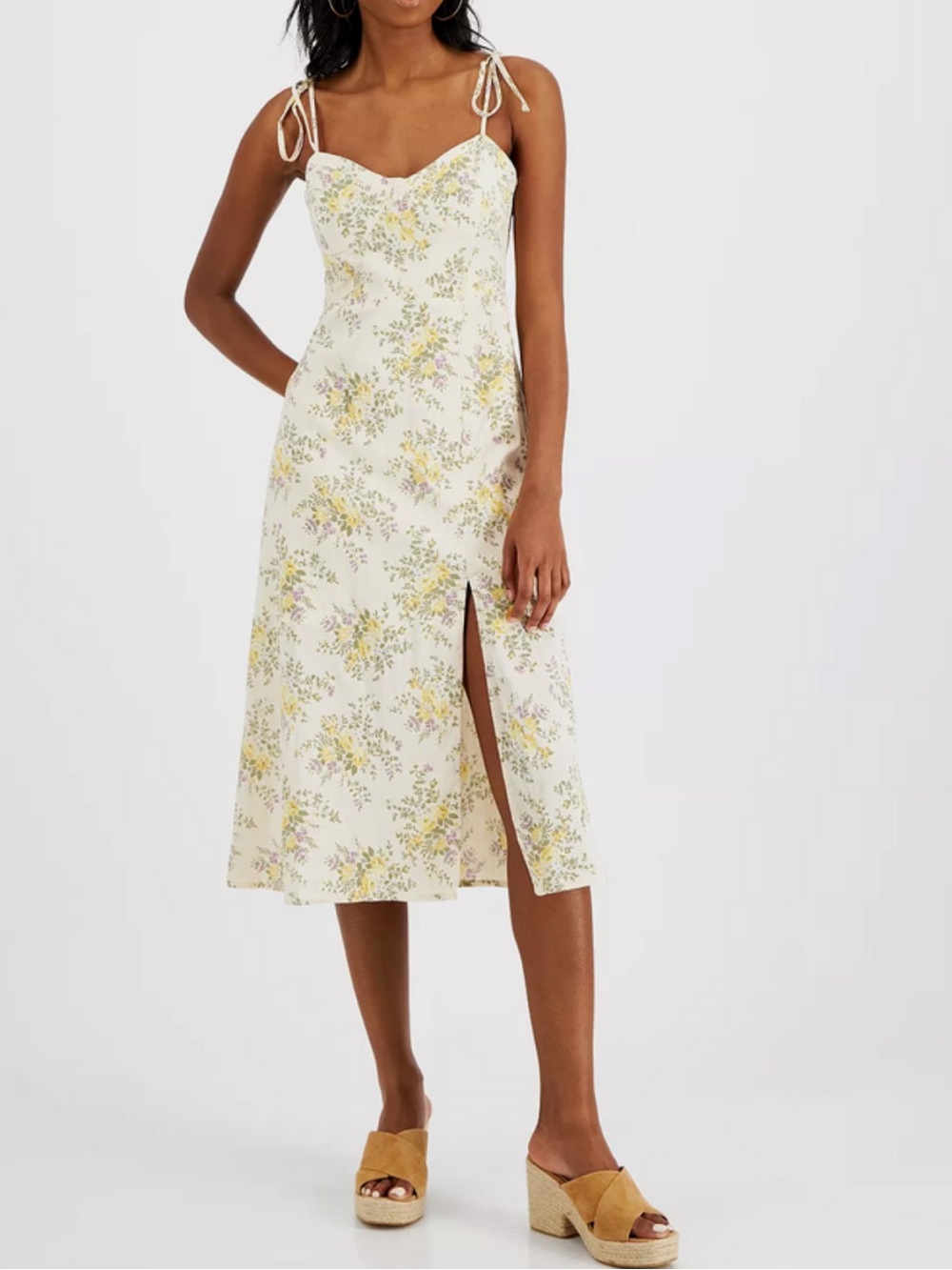 Lucky Brand Sz L Dress Floral Sundress Midi Cream Purple Yellow Slit Smocked。